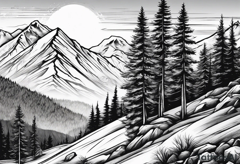 large trees on the side of mountain with mountains and sun skier coming down mountain tattoo idea