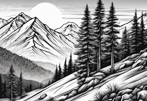 large trees on the side of mountain with mountains and sun skier coming down mountain tattoo idea