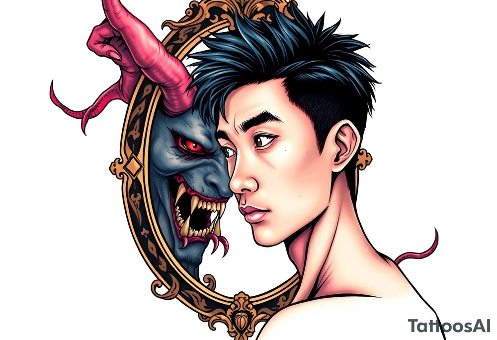 Handsome Asian young guy is looking in cursed mirror and see a demon tattoo idea