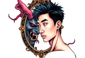 Handsome Asian young guy is looking in cursed mirror and see a demon tattoo idea