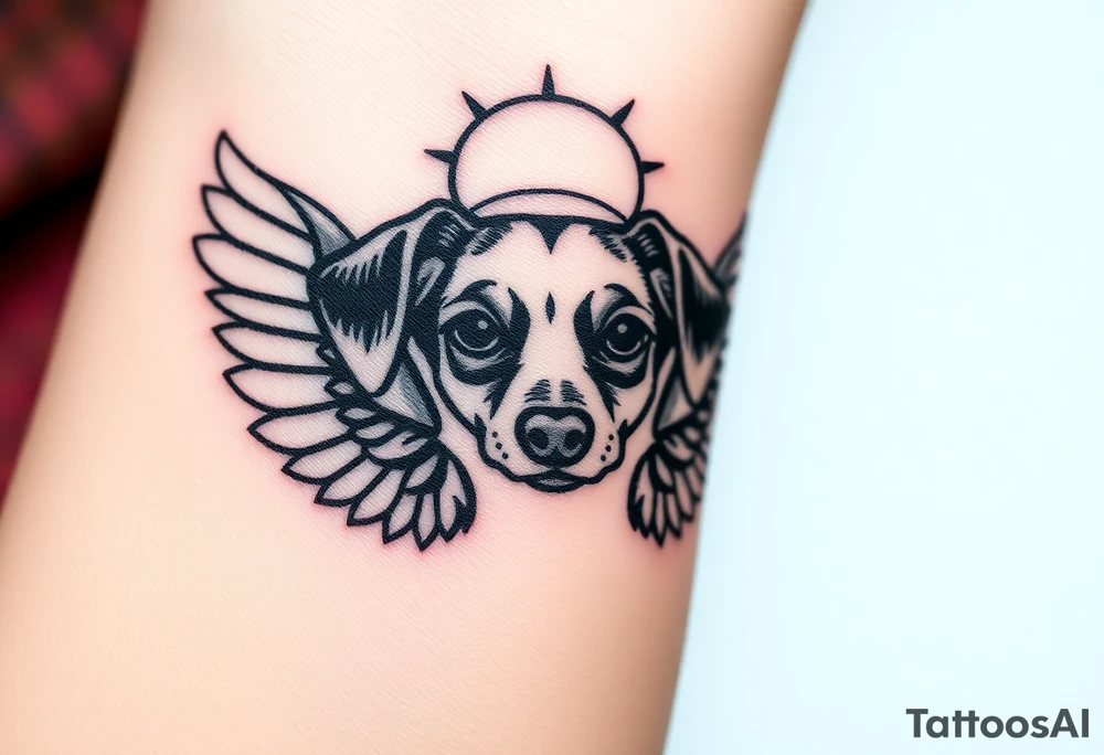 Dachshund ears inside wings with a halo above tattoo idea