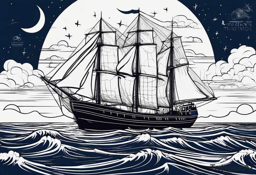 bateau, phare maritime et lune bleu.délicat,minimaliste.phoenix. tattoo idea