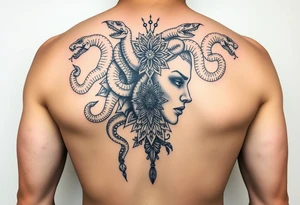 Side portrait of Medusa with snakes heads and mandala tattoo idea
