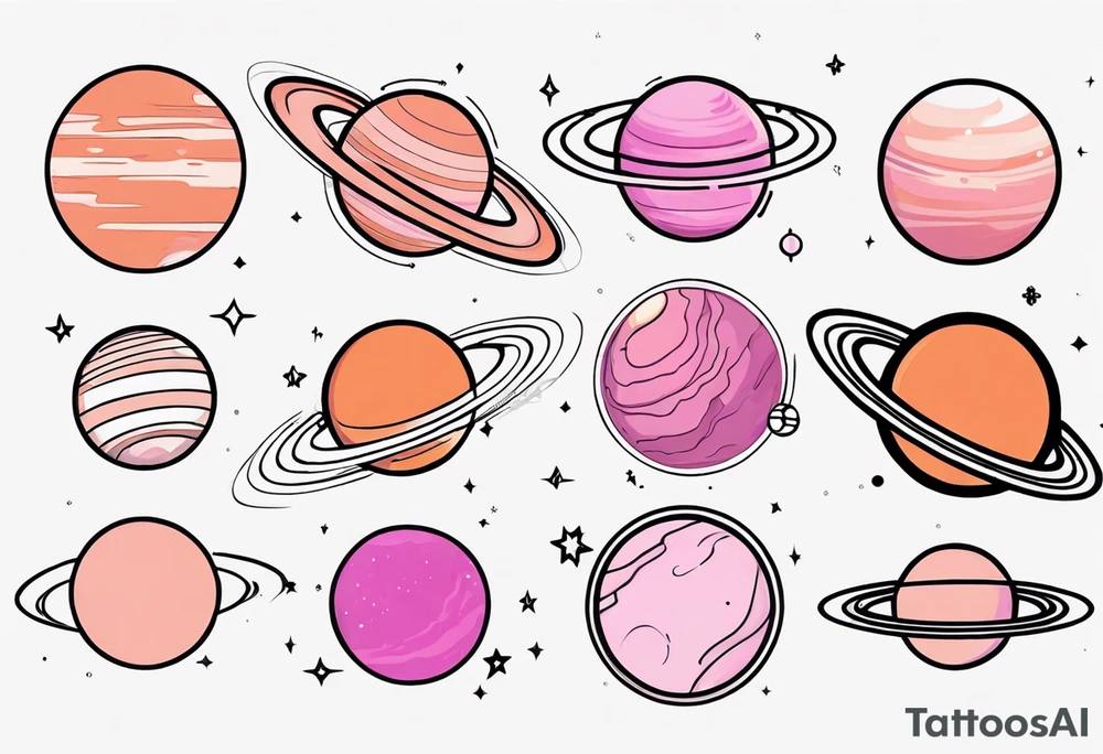 Dark Orange Pluto planet
Light orange Neptune planet
Black outline Uranus planet
light pink Saturn planet
dark pink Jupiter planet tattoo idea