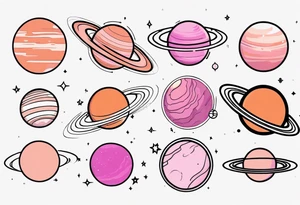 Dark Orange Pluto planet
Light orange Neptune planet
Black outline Uranus planet
light pink Saturn planet
dark pink Jupiter planet tattoo idea