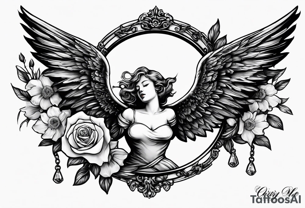 crying broken angel on swing add rose, lily daffodil, daisy, carnation narcissus around add hummingbird tattoo idea