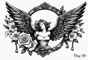 crying broken angel on swing add rose, lily daffodil, daisy, carnation narcissus around add hummingbird tattoo idea
