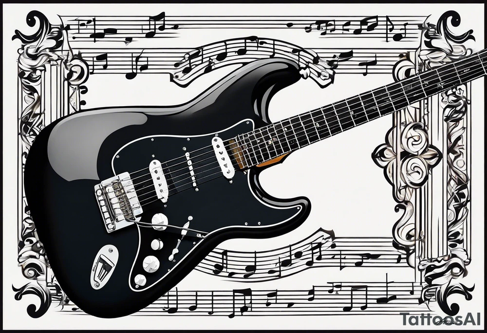 Marlin, Gibson flying V, Fender Stratocaster, musical notes tattoo idea