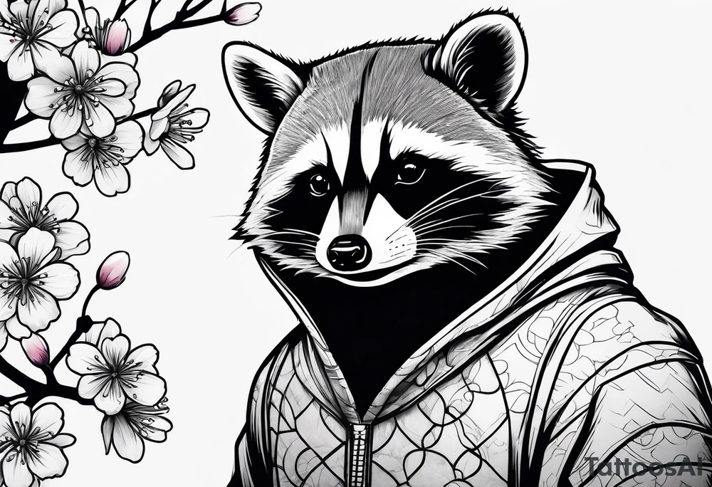 Raccoon wearing a Superman hoodie and Japanese cherry blossoms tattoo idea