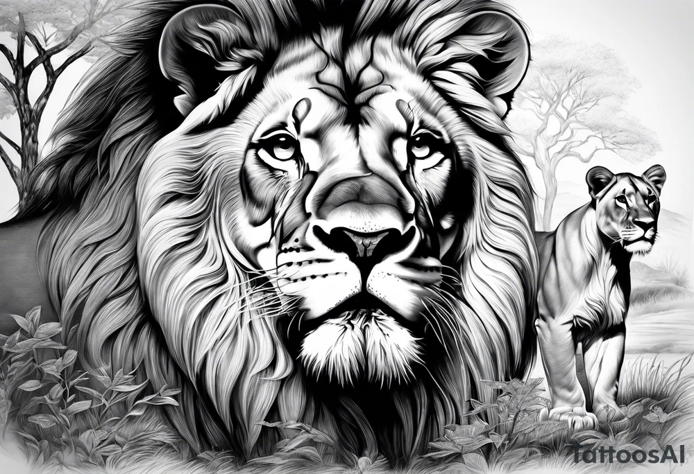 in front a tree in back ground a lion and is family tattoo idea