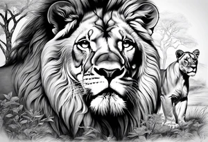 in front a tree in back ground a lion and is family tattoo idea