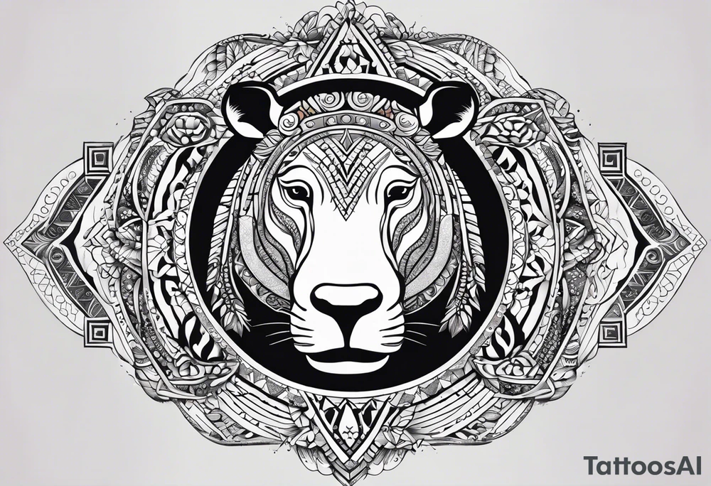 A foot long 2.5inches wide portrait orientation tattoo, containing a detailed hippo headwith tribal patterns in the middle, a full moon on the upper side, and some wintersweet flowwer on the bottom side, these three components are connected with arches, lines, little geometric patterns, the lines will ne fine and narrow tattoo idea