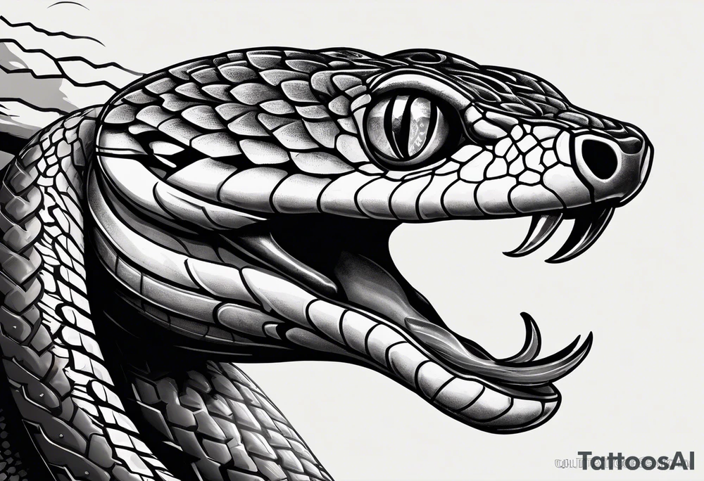 black and white drawing of a snake head with copper eyes an open mouth with mountain bike tire body tattoo idea