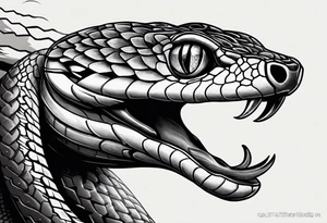 black and white drawing of a snake head with copper eyes an open mouth with mountain bike tire body tattoo idea