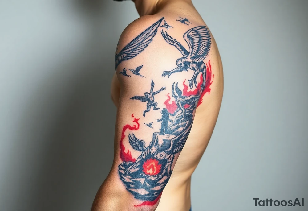 Heaven’s angels fighting hells demons. Angels flying and demons climbing up out of hell tattoo idea