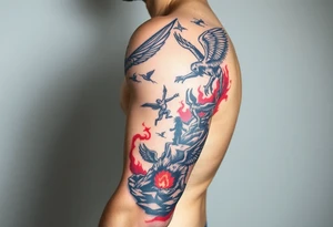 Heaven’s angels fighting hells demons. Angels flying and demons climbing up out of hell tattoo idea