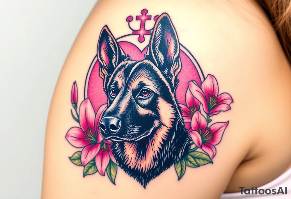 strong short haired german shepherd with alert ears surrounded by pink lilies with large leaves in front of a sacred heart tattoo idea