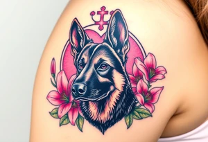 strong short haired german shepherd with alert ears surrounded by pink lilies with large leaves in front of a sacred heart tattoo idea