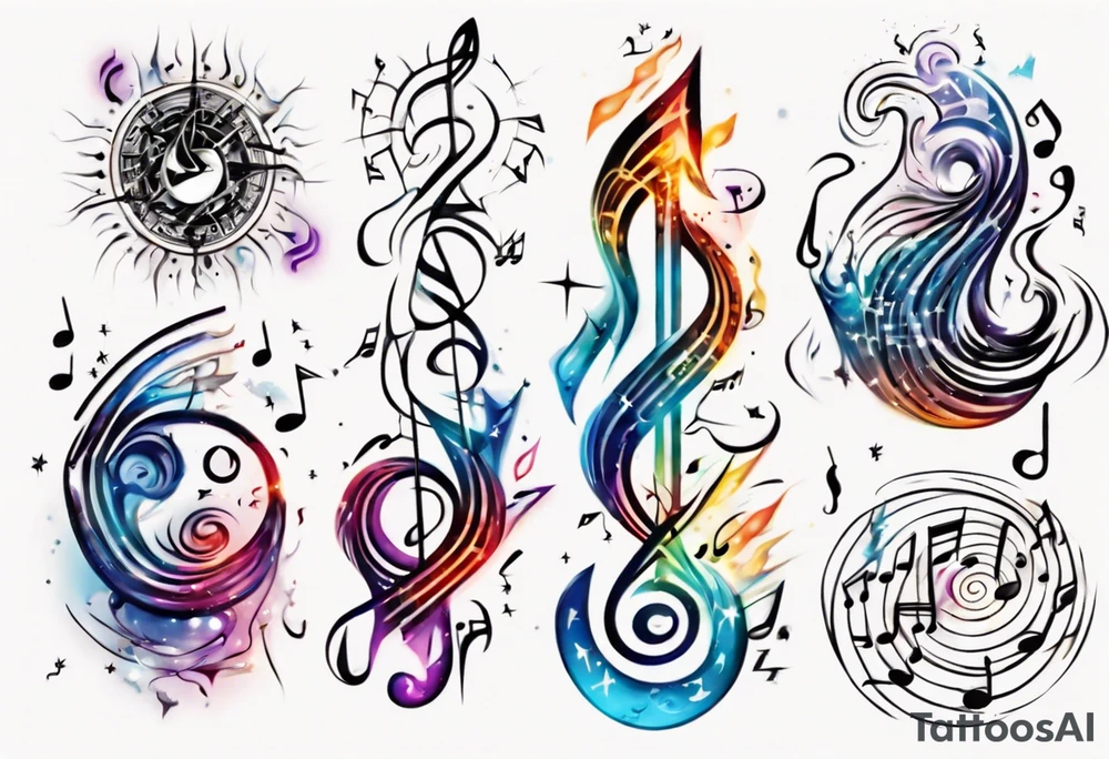An abstract representation of energy waves merging with musical notes and astrology symbols tattoo idea