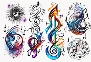 An abstract representation of energy waves merging with musical notes and astrology symbols tattoo idea