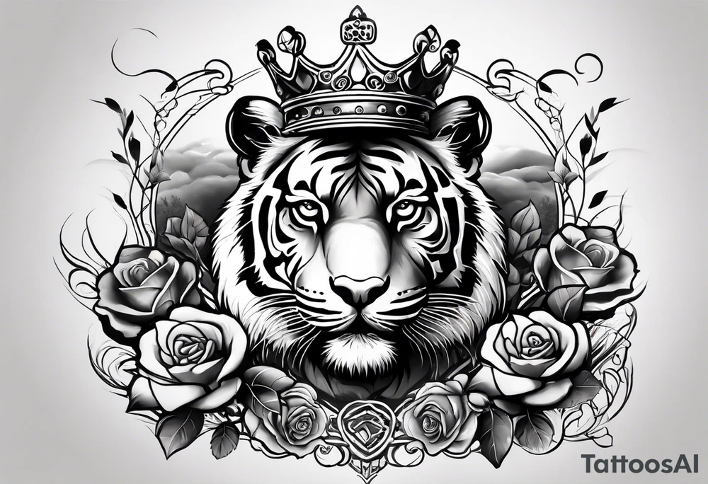 tiger with a crown and third eye with a hour glass instead the hour glass brain cover in in clouds and a heart cover in grass and roots with roses and smoke all over the arm tattoo idea
