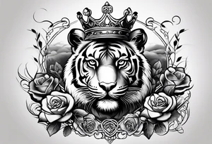 tiger with a crown and third eye with a hour glass instead the hour glass brain cover in in clouds and a heart cover in grass and roots with roses and smoke all over the arm tattoo idea