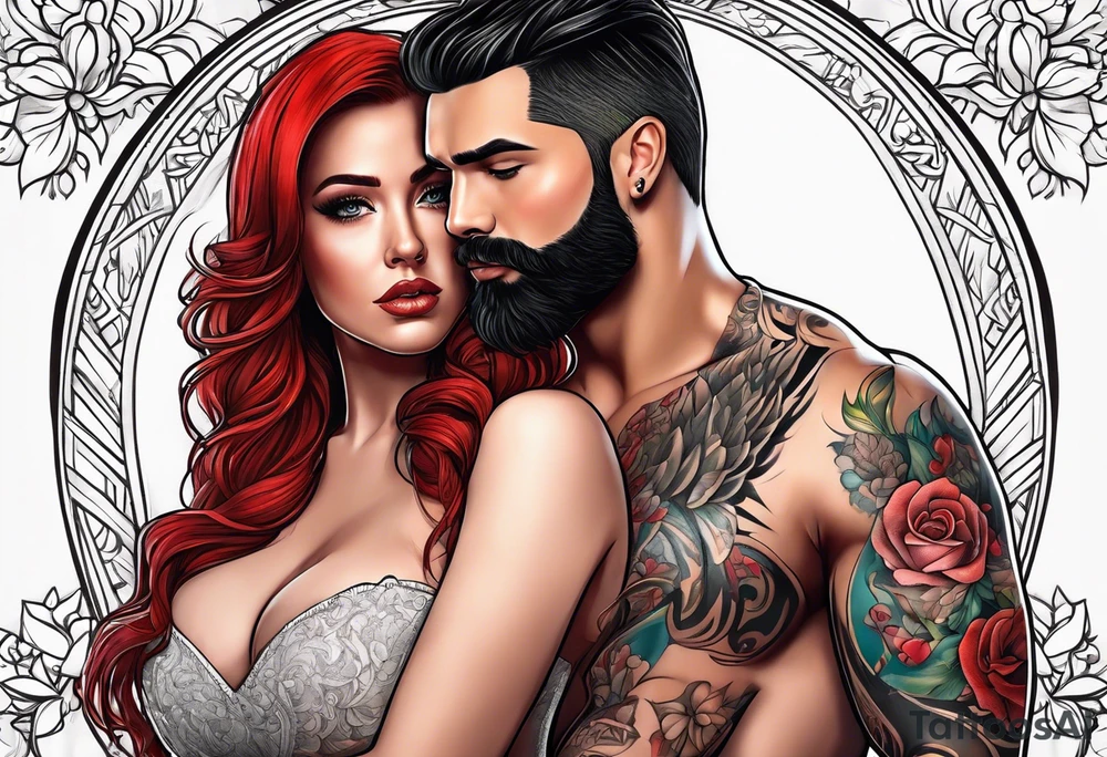 Busty red haired woman with a bearded man who has black hair getting married tattoo idea