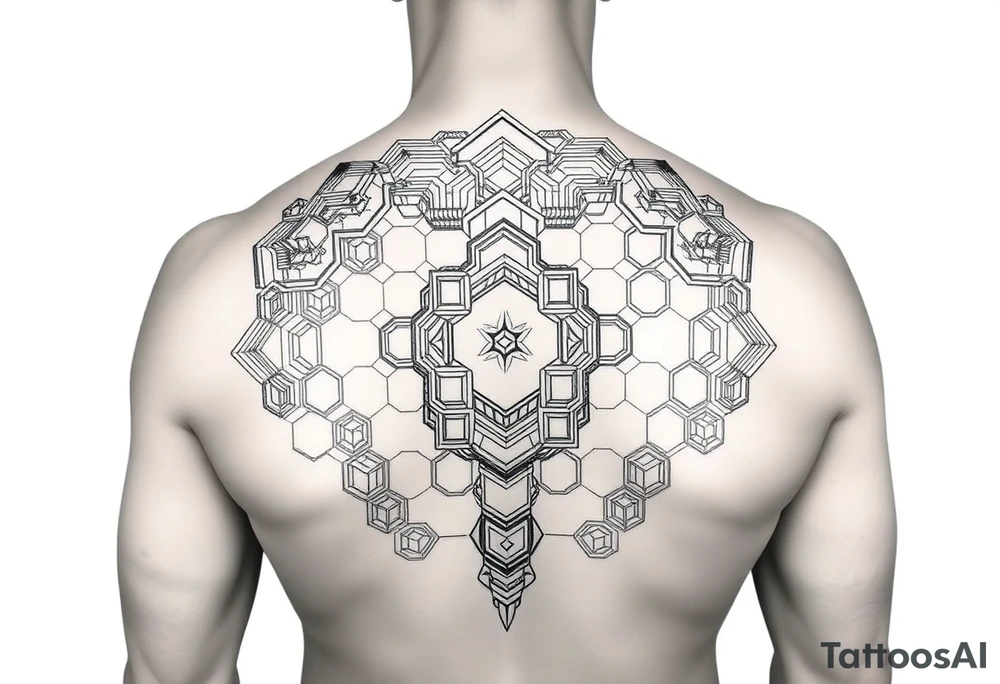 design a full sleeve tattoo that consists of a base layer of abstract hexagon pattern overlaid with a little blackwork abstract while incorporating the top tattoo and integrating slight biomech designs tattoo idea