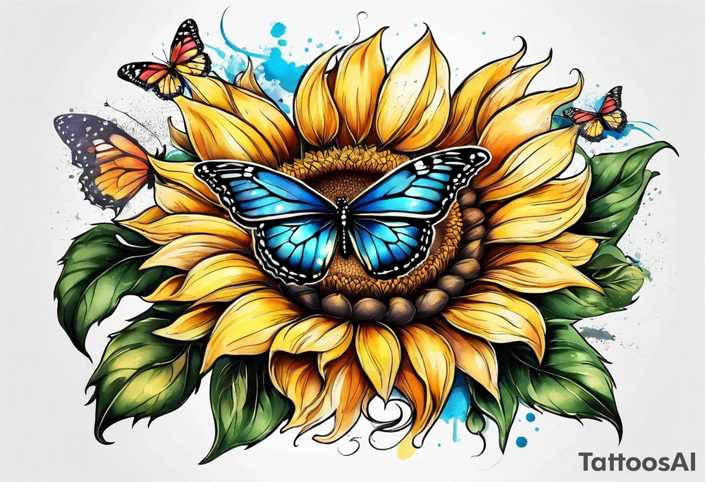 Sunflower with butterfly half leg sleeve tattoo idea