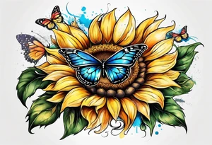 Sunflower with butterfly half leg sleeve tattoo idea