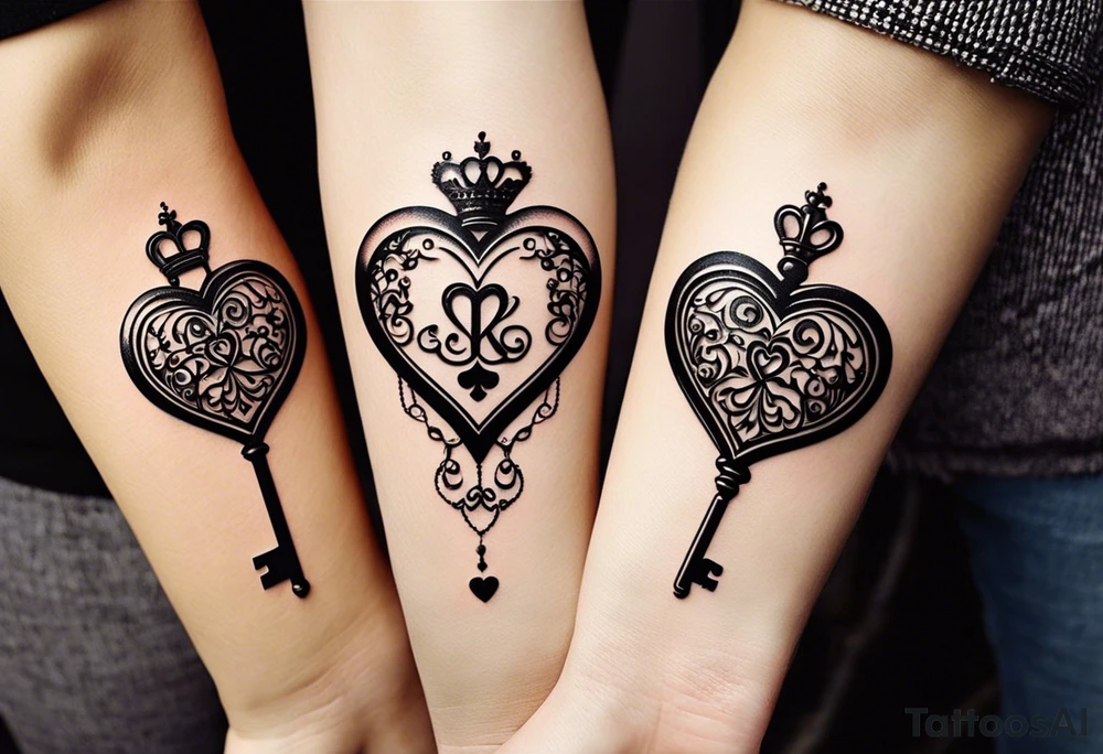 couples tattoo one tattoo is a heart shaped skeleton key with 2016 on it queen of hearts in the design. tattoo on the other person will be a heart shaped locket that has 1999 in the design with the king of hearts. the tattoos next to each other should look to unlock the heart shaped locket tattoo idea