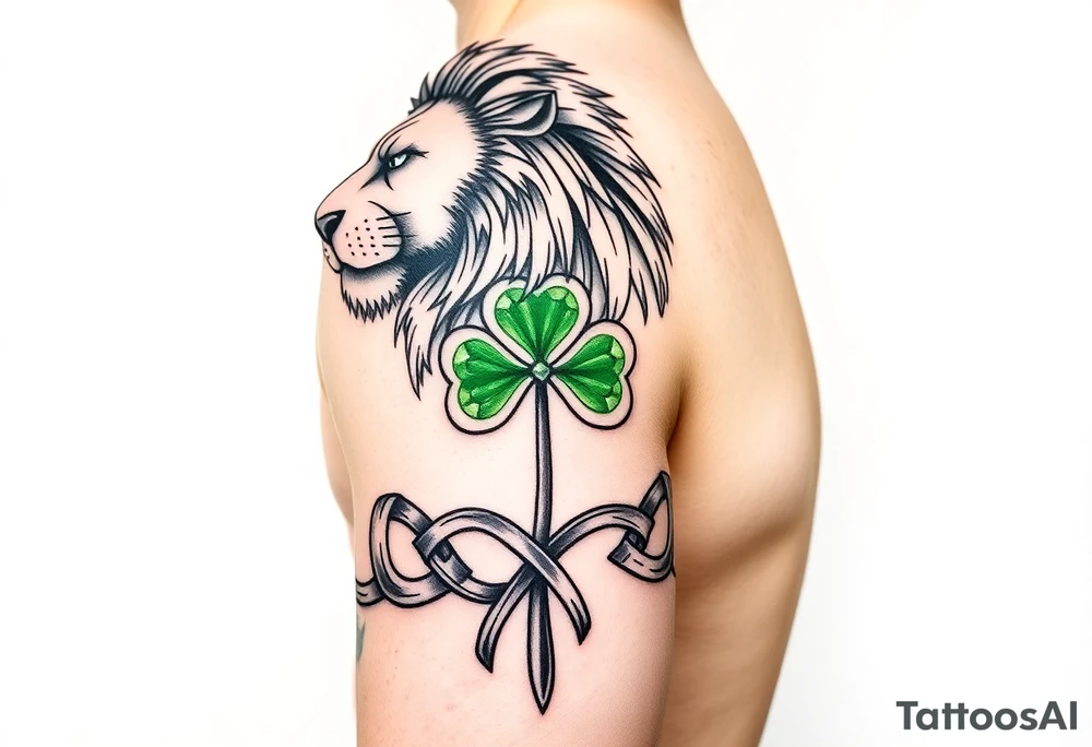 Create a men's Celtic warrior half-sleeve tattoo featuring a mighty, majestic face-forward lion at the top of the shoulder. Extend the bottom of the lion's mane to create open and shaded Celtic knots that travel down the arm. Add a hyper-realistic Celtic shamrock with green peridot jewel petals and an organic stem. Continue the knots to intersect with a Celtic warrior armband that wraps the arm just above the elbow. tattoo idea