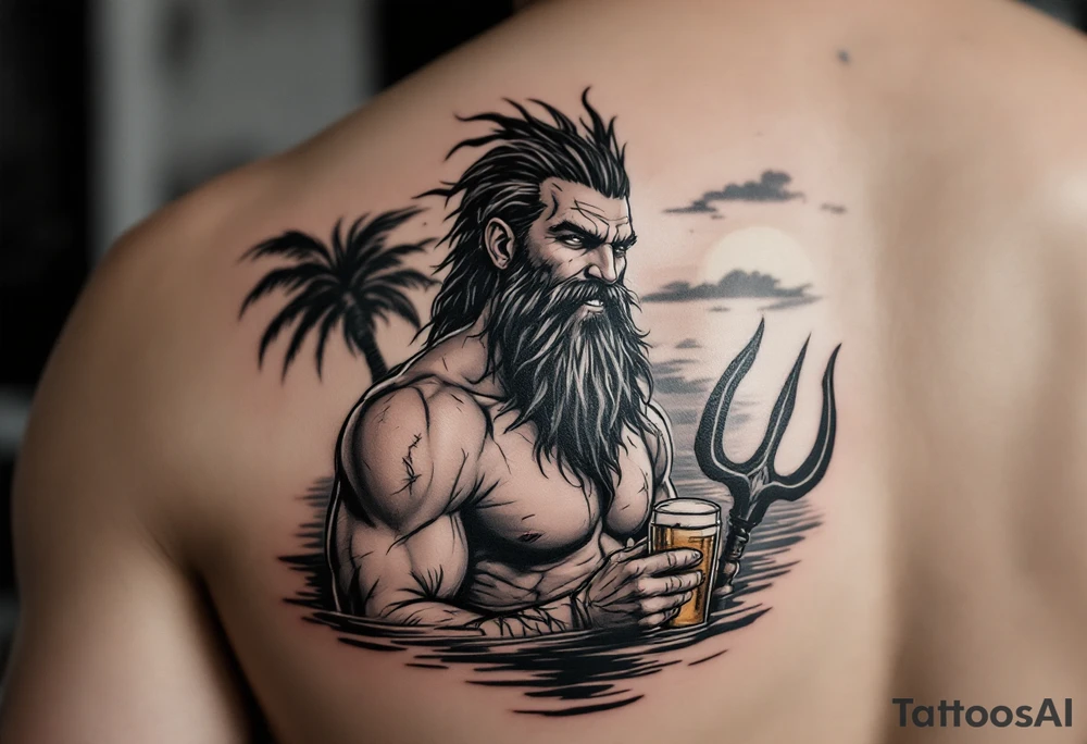 young, happy, fit poseidon in calm water, holding a trident, drinking a beer, with sunset, with ski boat tattoo idea