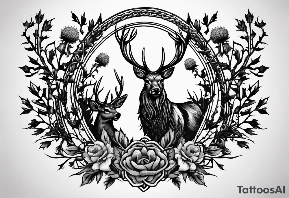 three thistles + Celtic knots + a stag + the phrase "always remember there is nothing worth sharing like the love that let us share our names" tattoo idea