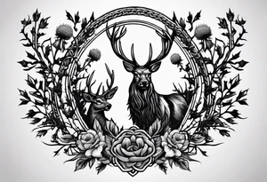 three thistles + Celtic knots + a stag + the phrase "always remember there is nothing worth sharing like the love that let us share our names" tattoo idea