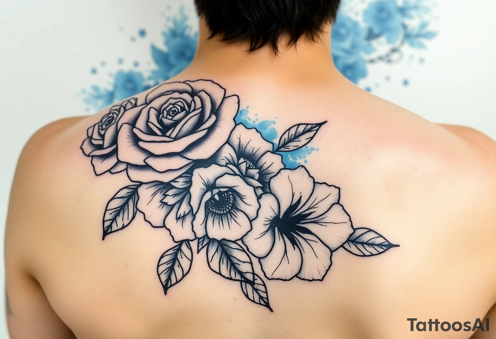 Black and white roses and carnations with blue watercolour behind feminine tattoo idea