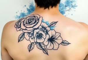 Black and white roses and carnations with blue watercolour behind feminine tattoo idea