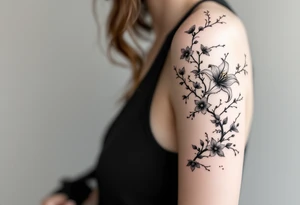 the flower spider lily from demon slayer and add cherry blossoms wrapped around upper arm tattoo idea