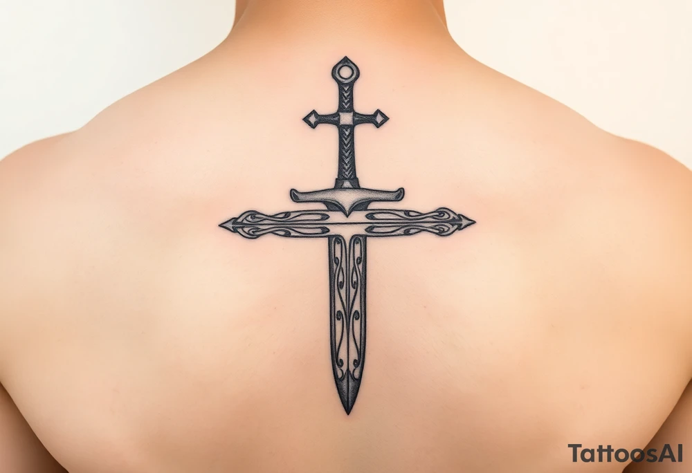 Fine line Celtic sword with a light horizontal line across the back of the blade tattoo idea