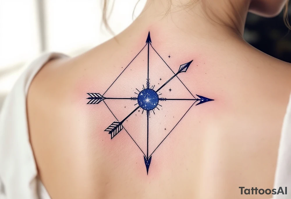 A Sagittarius bow and arrow with the star constellation embedded surrounded by midnight blue. tattoo idea
