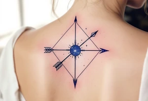 A Sagittarius bow and arrow with the star constellation embedded surrounded by midnight blue. tattoo idea