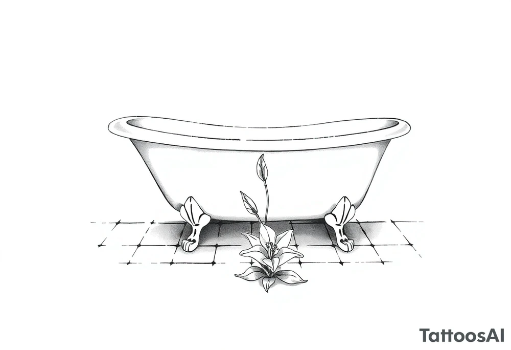 Clawfoot bathtub with lily coming up from tile floor tattoo idea