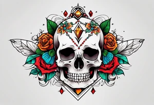 Neo traditional floral chest piece with animal skull and gems tattoo idea