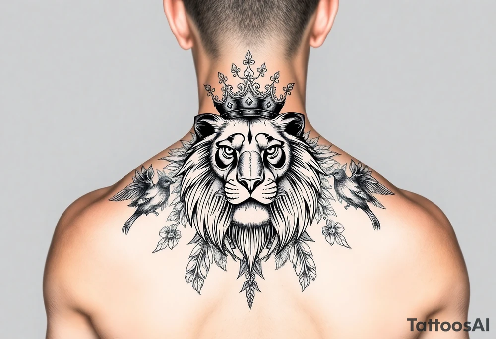 powerful majestic lion with a crown, surrounded by floral ornaments and birds tattoo idea
