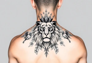 powerful majestic lion with a crown, surrounded by floral ornaments and birds tattoo idea
