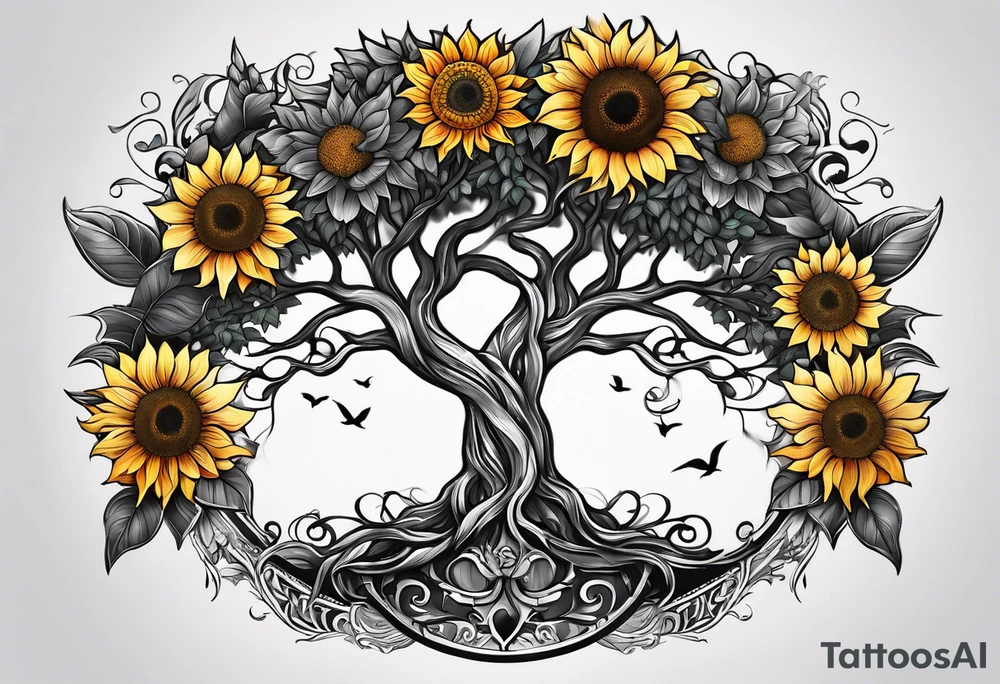 Feminine Yggdrasil tree with two sunflowers tattoo idea