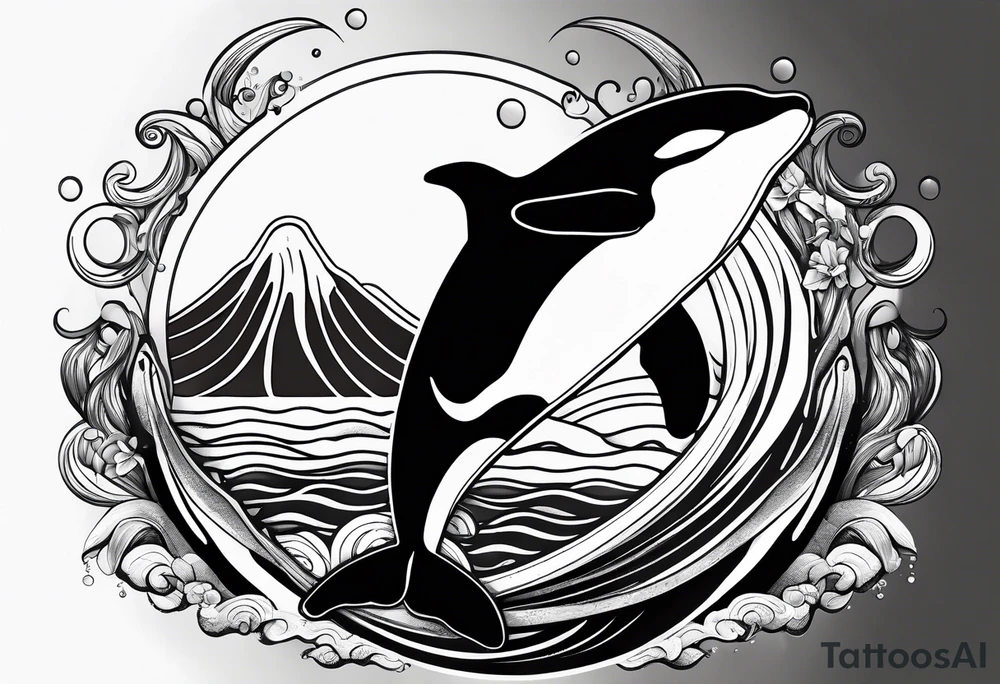 transient orca, Japanese realism, flowing, waves and kelp highlights tattoo idea