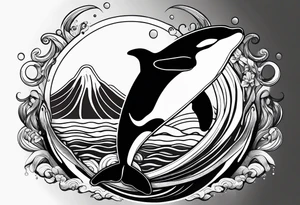 transient orca, Japanese realism, flowing, waves and kelp highlights tattoo idea