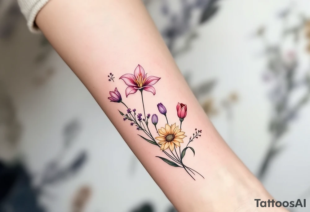stargazer lillies in light pink with small sunflowers and poppies and purple tulip buds in a dainty wildflower bouquet with stems tattoo idea