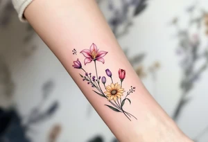 stargazer lillies in light pink with small sunflowers and poppies and purple tulip buds in a dainty wildflower bouquet with stems tattoo idea